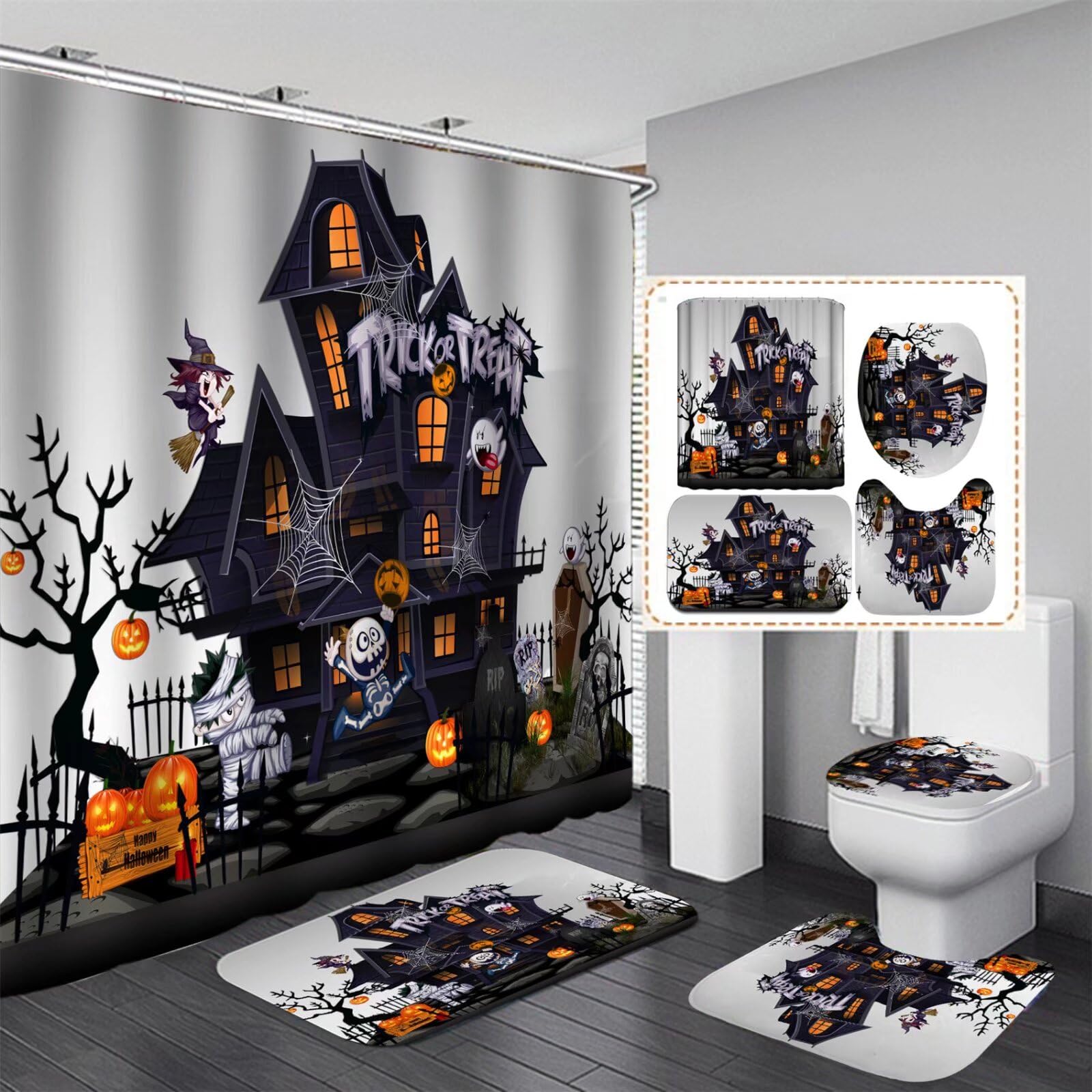 Photo 1 of AZHM Halloween Shower Curtain Sets Haunted House Pumpkin Shower Curtains with 12 Hooks, Bathroom Decor Sets with Curtain and Rugs