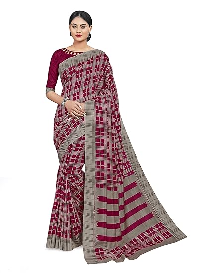 Womens Malbari Polyester Silk Checkered Saree with Blouse Piece (Brown)