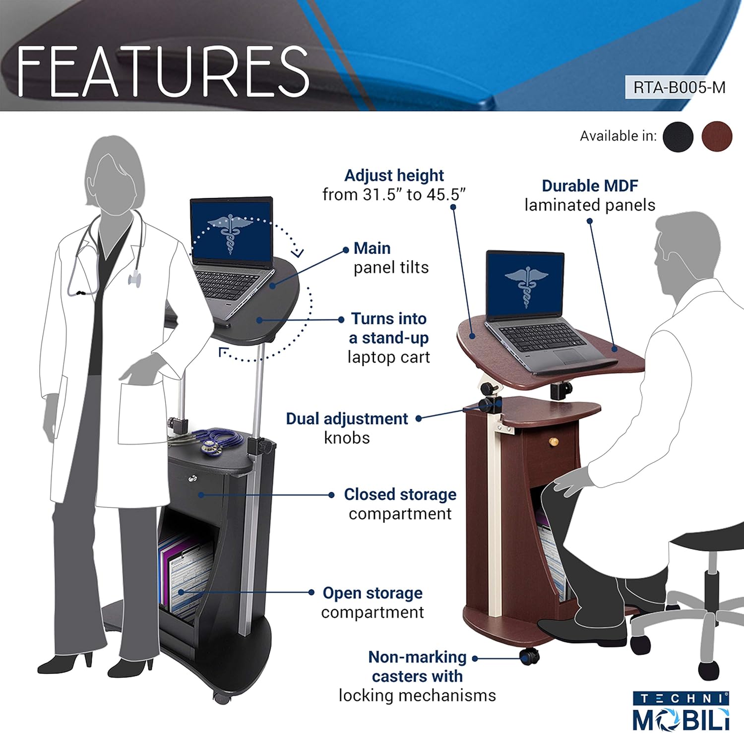 Techni Mobili Sit-to-Stand Mobile Medical Laptop Computer Cart, Chocolate: Kitchen & Dining