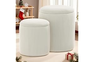 YSICK Round Ottoman with Storage, Set of 2, Small Vanity Stool as Vanity Chair, Corduroy Ottoman Foot Rest for Small Space, Living Room, Bedroom, Beige