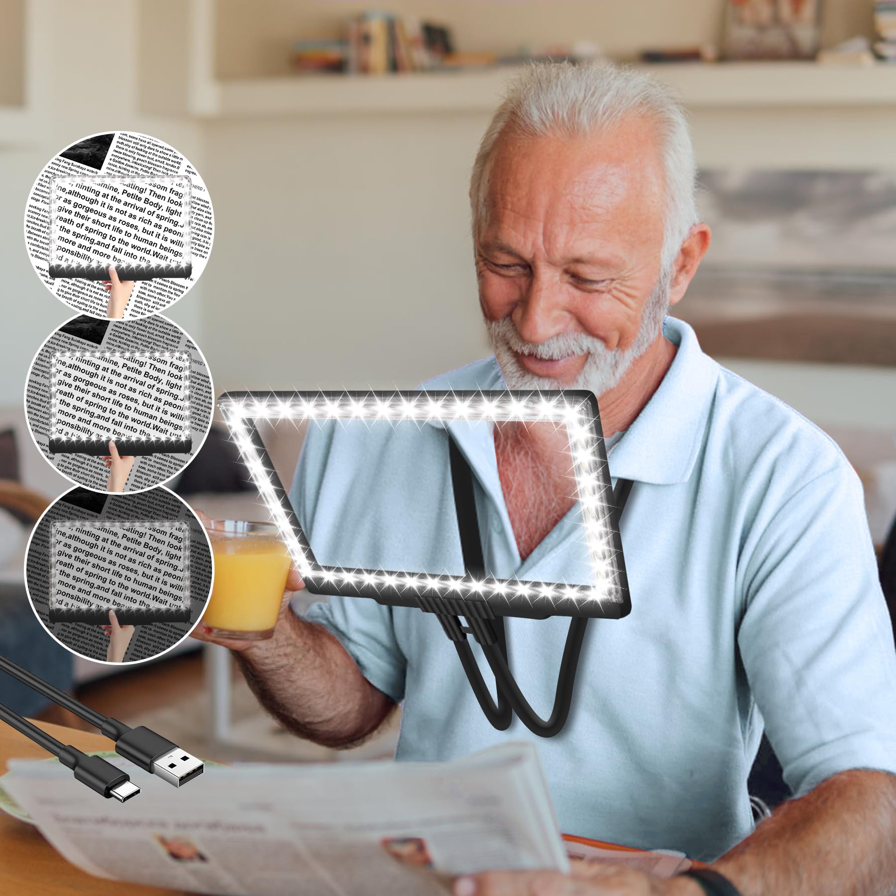 Rechargeable 5X Magnifying Glass with a Neck Strap, Built-in 43 LED lights for Full-page Magnifier Enlargement, Featuring a Flexible Gooseneck and Measuring 23.6*17.8 cm, Suitable for Elderly People w