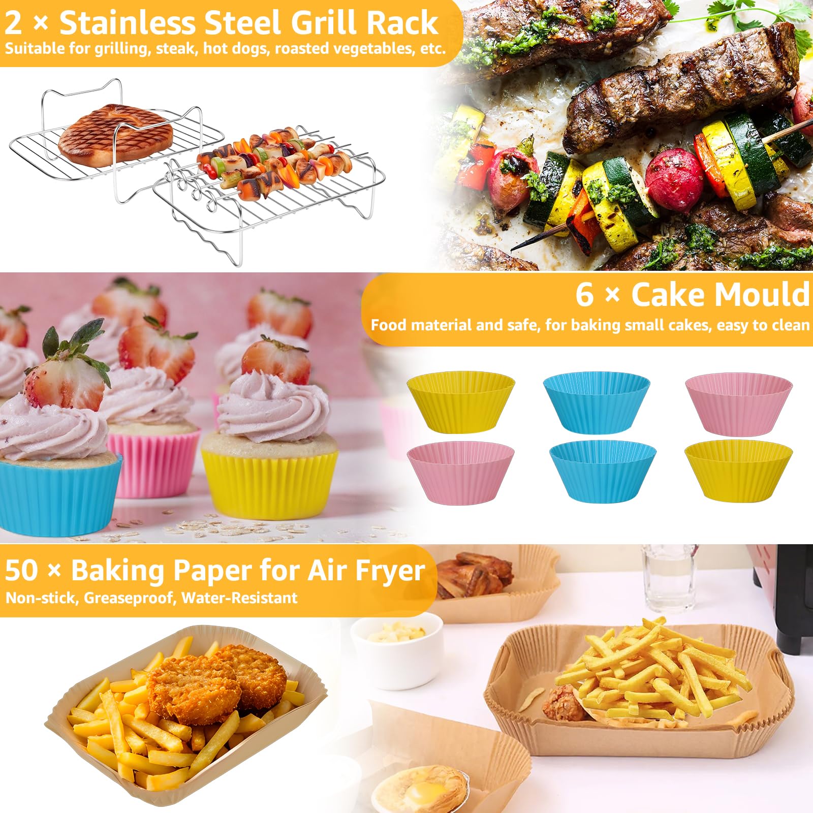 Ninja Heißluftfritteuse Zubehör, Airfryer Zubehör Set für Dual Zone Heißluftfritteuse Ninja AF400EU/AF451EU 9.5L, Airfryer Silikonform Zubehör Set, Waffelbackform, Grillrost, Kastenform 4
