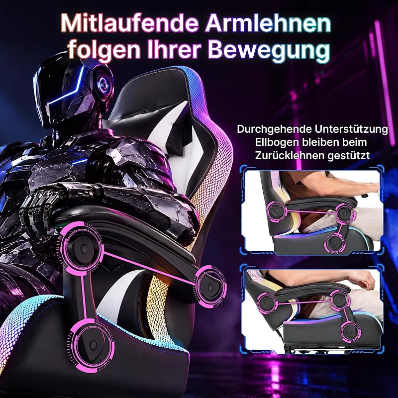 Gaming Stuhl mit led, Cool Racing Gamer Stuhl, Ergonomischer Bürostuhl mit Massagefunktion, Verstellbare Rückenlehne 90-135°, mit Teleskop Fußstütze, Gamingstuhl 150 kg belastbarkeit, Weiß — Foto 7 von 8