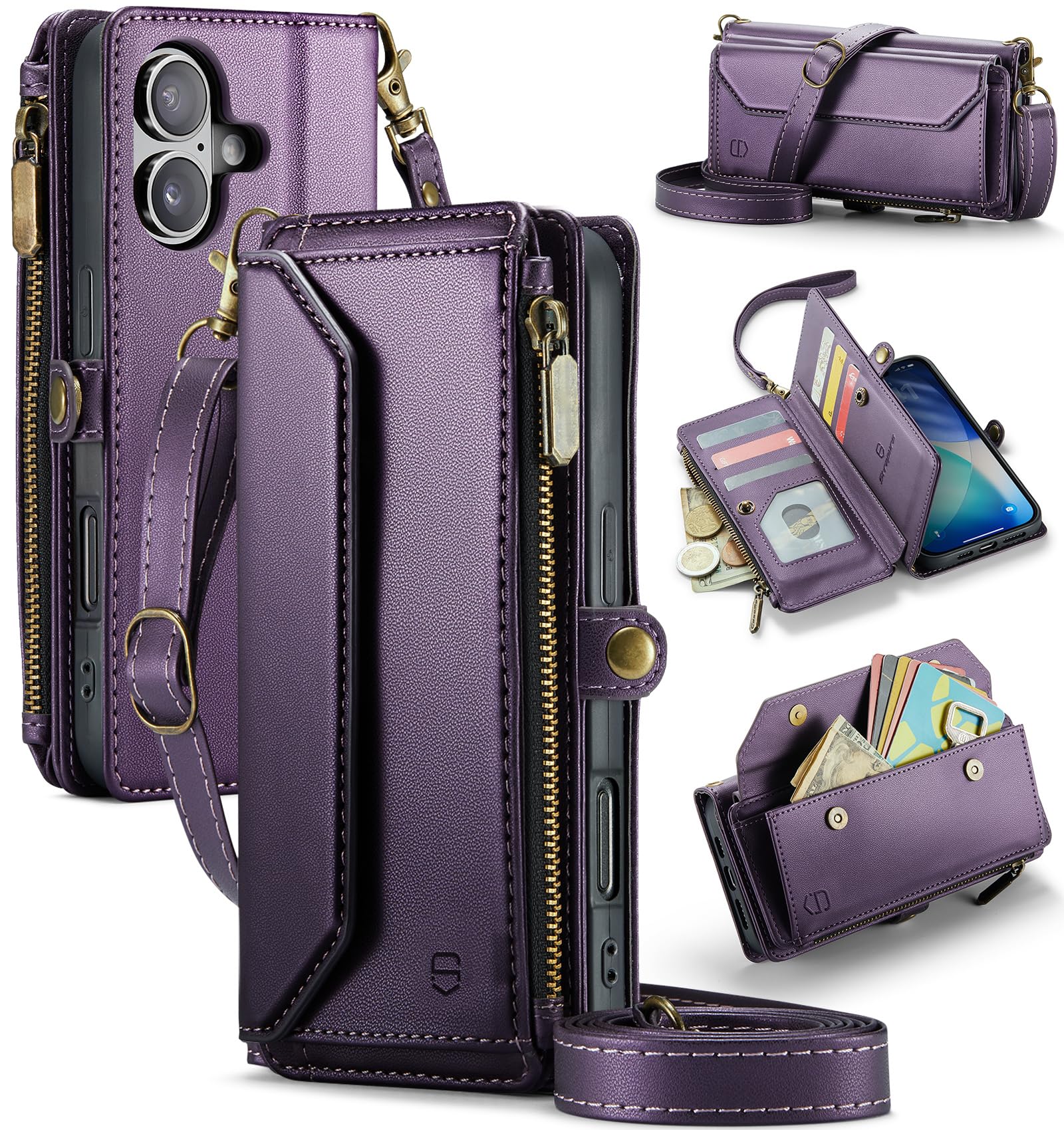 Photo 1 of Strapurs Wallet Case Compatible with iPhone 17 6.3" RFID Blocking 9-Card Holder Soft PU Leather Magnetic Snap Shoulder Strap Zipper Pocket Phone Case Fit for iPhone 17 for Women - Purple