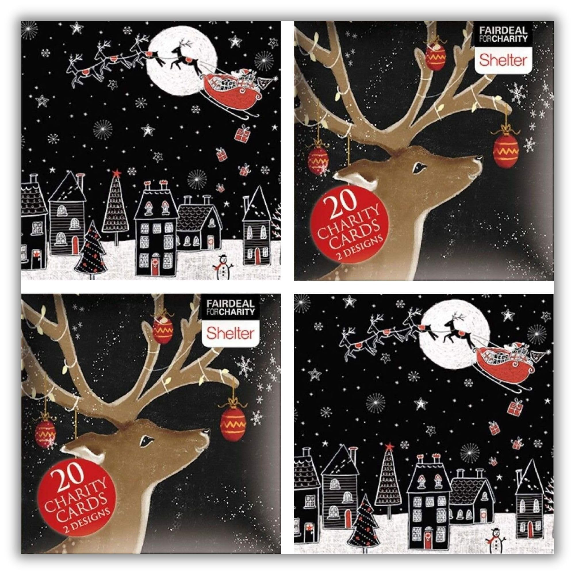 Charity Christmas Cards Box of 20 - Sold in Aid of Shelter - Artistic Festive Design - Reindeer and Sleigh - 10 Each of 2 Designs - Eco-Friendly