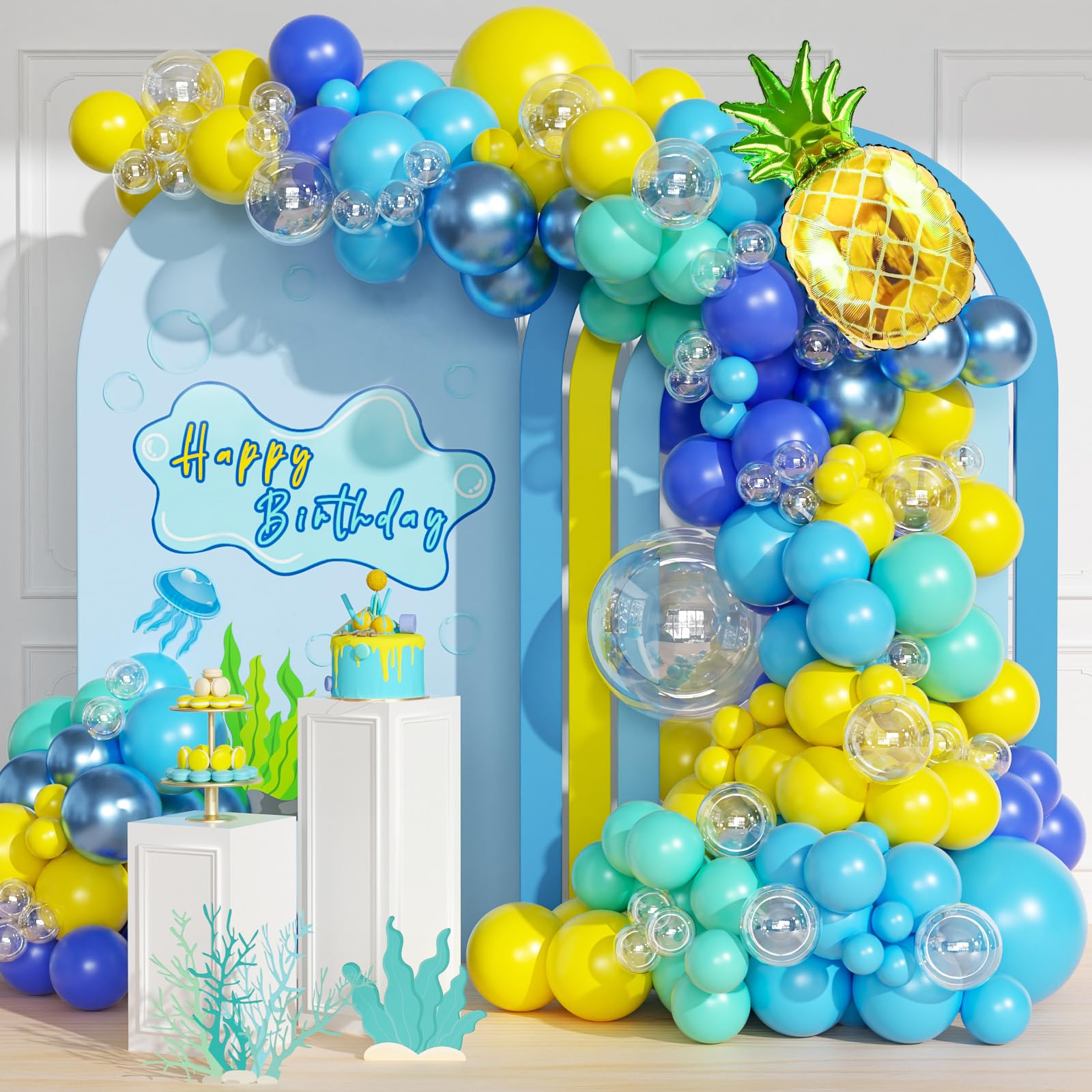 Photo 1 of 147pcs Cartoon Sponge Balloon Arch Kit - Birthday Decorations With Yellow, Blue, Clear, Metallic, Teal Balloons and Pineapple Balloon For Cartoon Birthday Party Baby Shower