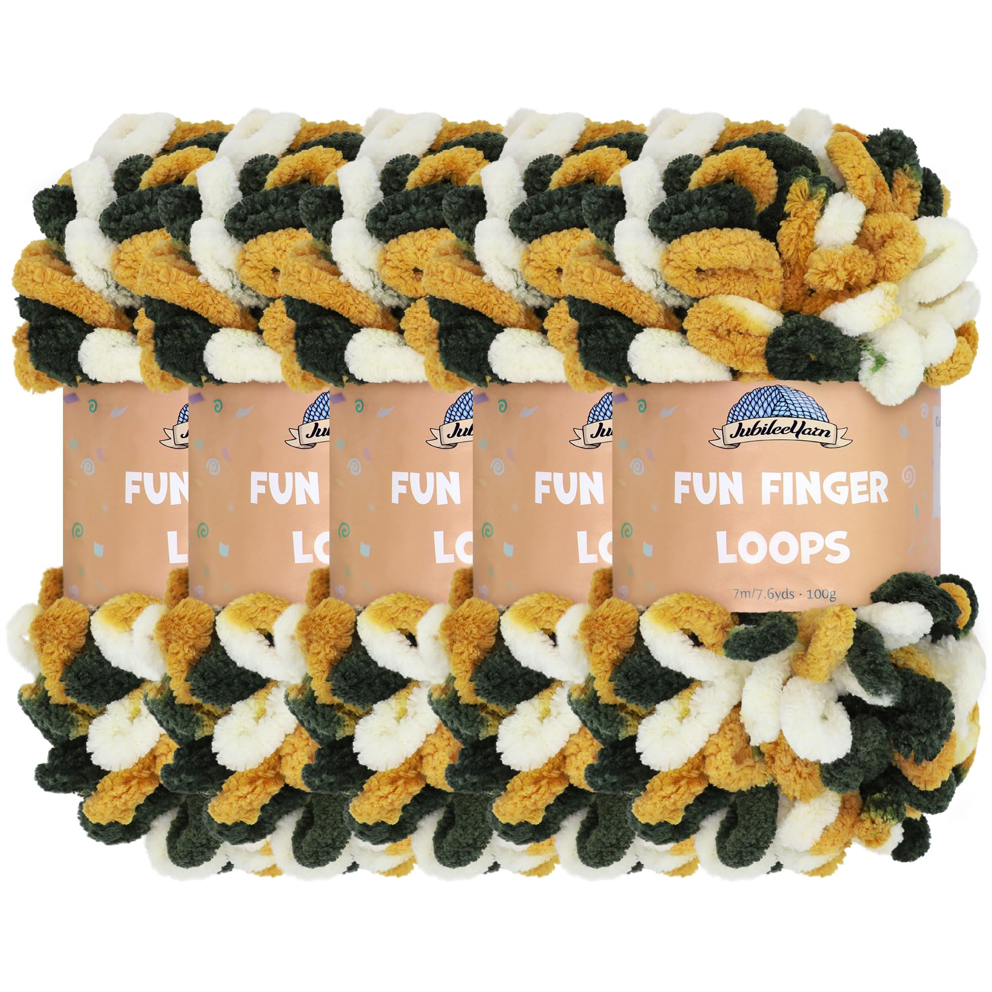 JubileeYarn Fun Finger Loops Yarn - Polyester Jumbo Weight Loop Yarn - 100g/Skein - Green Gold White - 5 Skeins — image 1