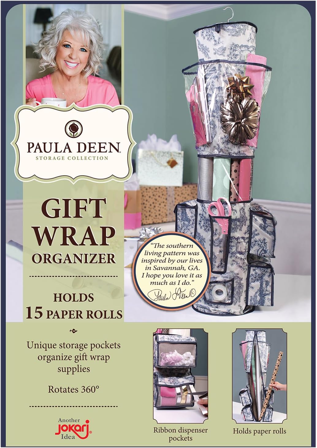 Paula Deen Gift Wrap Organizer - Storage for Wrapping Paper (All Sized Rolls), Gift Bags - Organize Your Closet with This Hanging Bag & Box to Have Organization, Clear Pockets & Hook Hangs