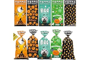 idolpack 50 Pieces Halloween Treat Bags Trick or Treat Cellophane Plastic Candy Goodie Favor Bags with 50 Pieces Twist Ties for Kids Halloween Party Supplies, Pattern 03