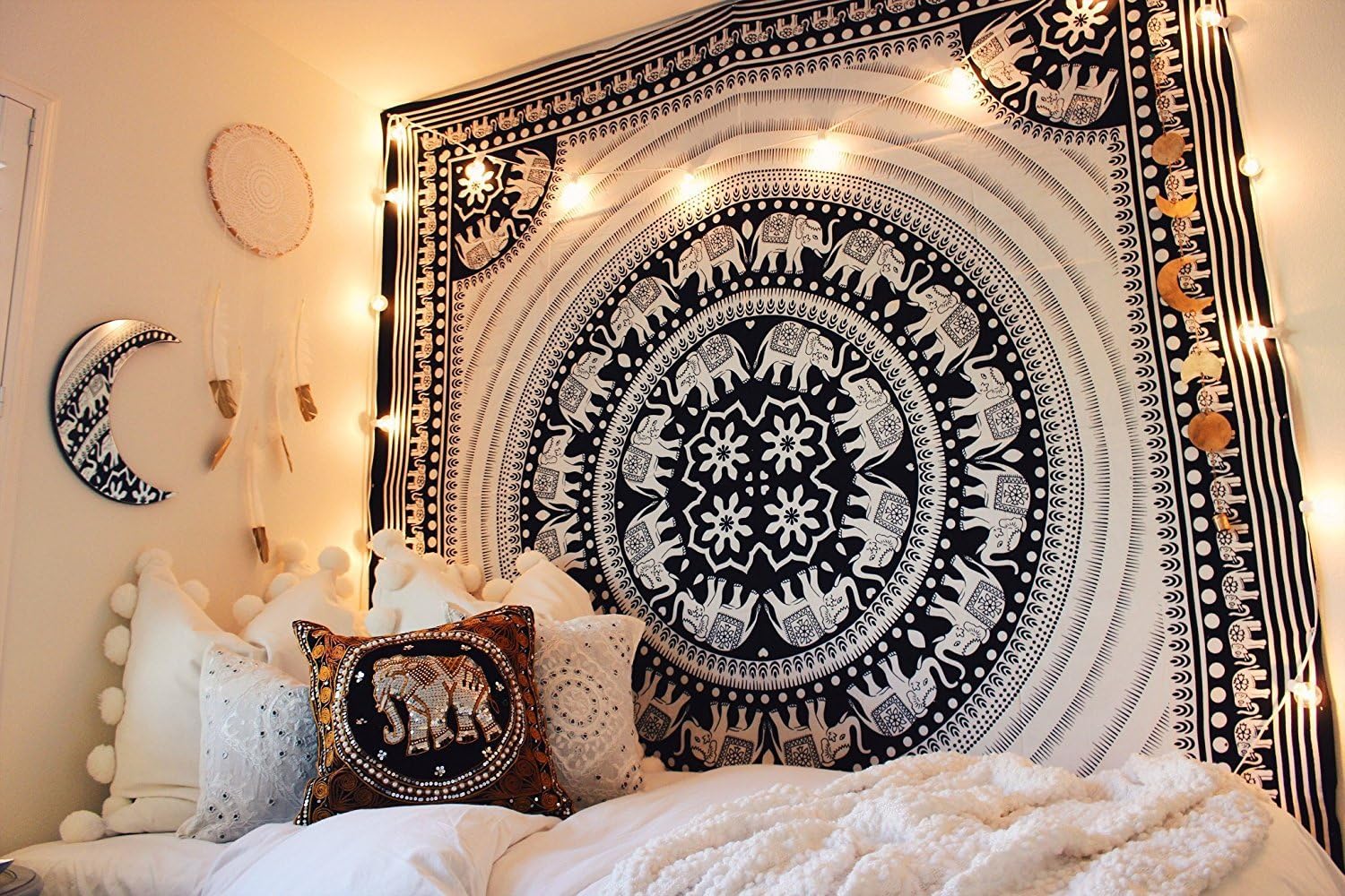 Jaipuri Handloom Crafts JHC's Queen Black & White Hippie Indian Elephant Mandala Tapestry Bedspread Beach Dorm Bohemania