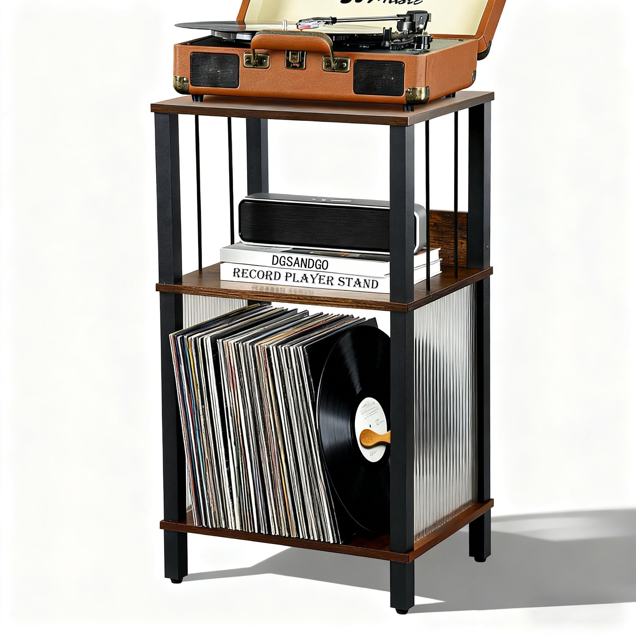 Photo 1 of DGSANDGO Mid-Century Record Player Stand, 3 Tier Rustic Brown End Table with Guard Rails, Vinyl Record Storage Holds Up to 100 Albums, for Living Room Bedroom Office