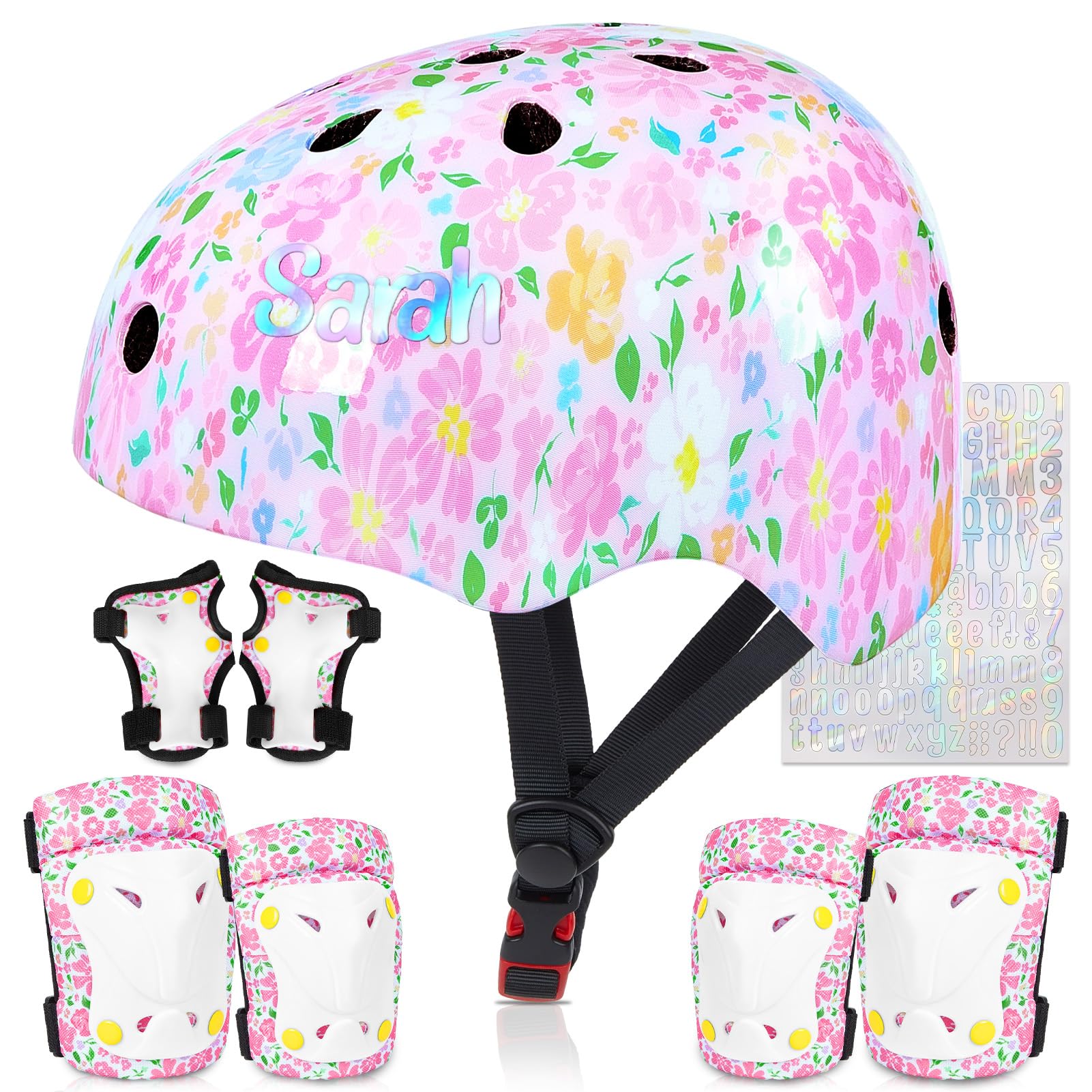 Kids Helmet, Toddler Bike Helmet with DIY Stickers Unicorn Knee Pads and Elbow Pads Set Adjustable Protective Gear Set for Girls Age 3-5-8 Years fit Roller Skates, Bicycle, Skateboarding, Scooter Image