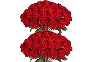 Jefuzh 50 PCS Fake Red Roses, Artificial Red Flowers Bulk Realistic Silk Faux Rose with Stems for Wedding Decoration Anniversary Bridal Bouquet DIY Floral Arrangement Romantic Home Decor Gifts