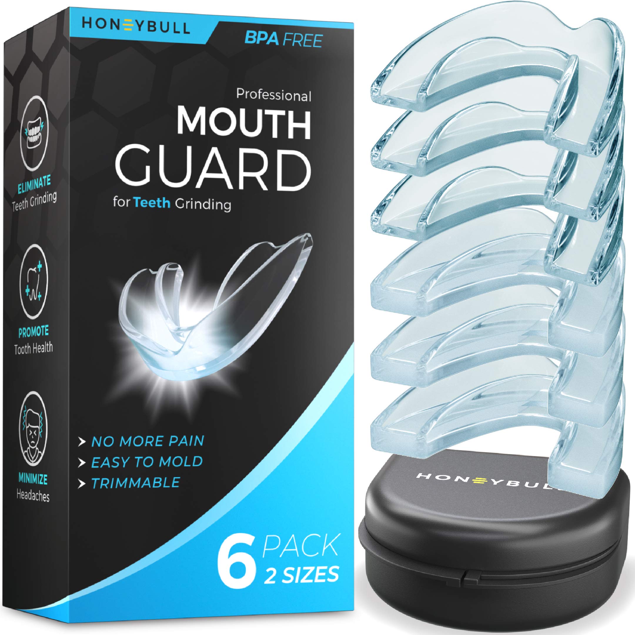 HONEYBULL Mouth Guard for Grinding Teeth [6 Pack] Comes in 2 Sizes for Light and Heavy Grinding | Comfortable Custom Mold for Clenching at Night, Bruxism, Whitening Tray &amp; Guard