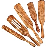 Tmkit 5Pcs Wooden Spurtle Set, Natural Teak Kitchen Utensil Set Heat Resistant Non-Stick Wooden Spoons Tools for Cooking