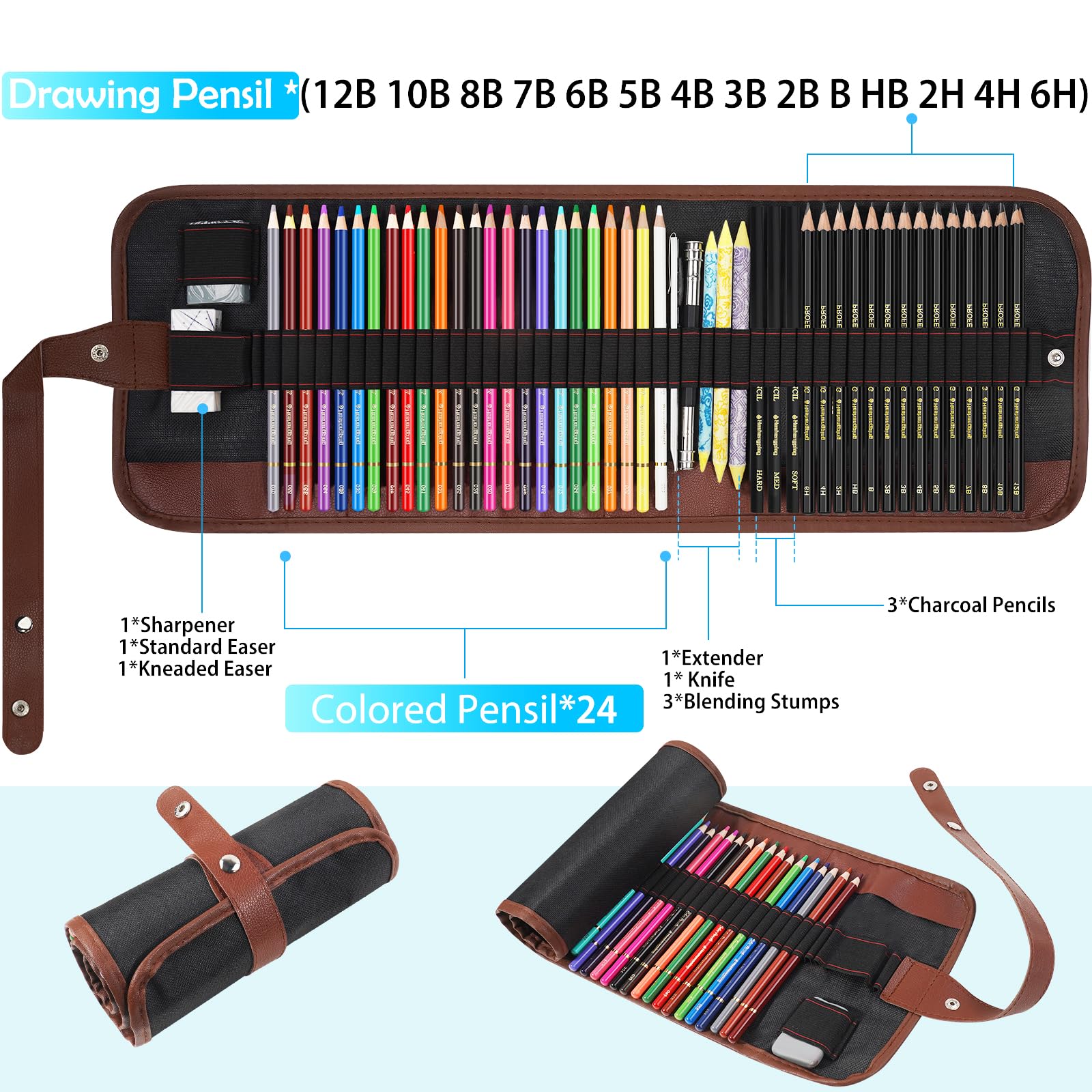 Sketching Drawing Art Pencil Kit-50 Piece Set with 24 Color Pencils for Adult Kid Coloring Books, 14 Graphite 3 Charcoal Erasers Etc., Artist Supplies Ideal for Adult, Kid,Student, Beginner