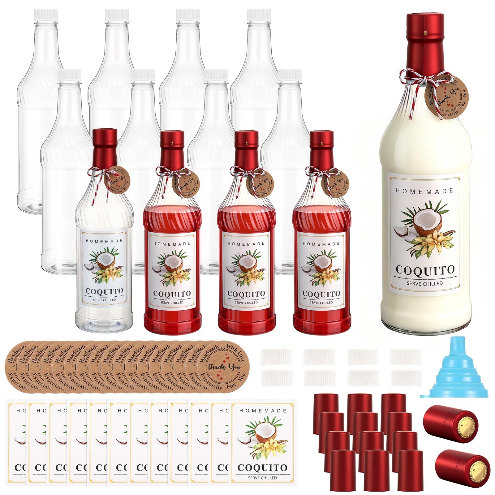 Photo 1 of Baderke 12 Set Plastic Coquito Bottles 32 oz Plastic Clear Wine Bottles with Caps and Tags for Home Brewing Wedding Party Favors (Red)