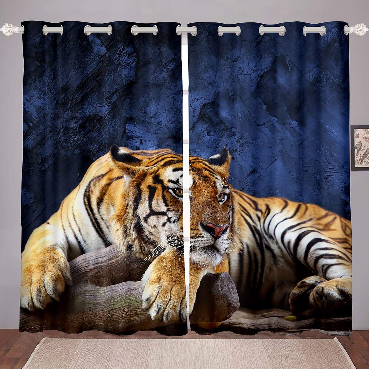 Tiger Windows Drapes Se Wild Animal Theme Curtains for Men Teen-Boys Wildlife Decor Children Curtains for Bedroom Living Room Yellow Blue Room Decoration,W46*L54