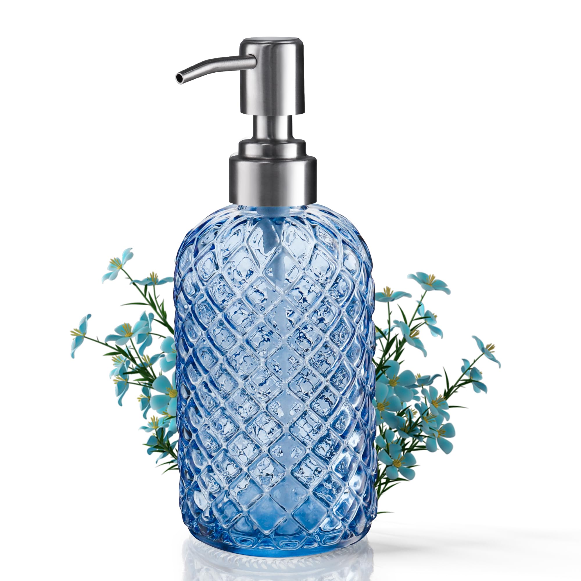 Photo 1 of 14 Oz Refillable Glass Soap Dispenser with Rust Proof Stainless Steel Pump, for Dispense Hand soap, Body wash, Lotion (Blue)