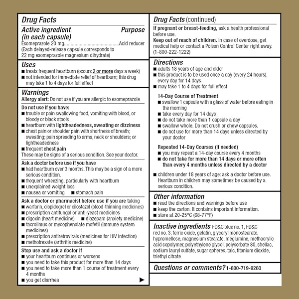 ESOMEPRAZOLE MAGNESIUM DELAYED RELEASE CAPSULES 20 MG, PROTON PUMP INHIBITOR (PPI) FOR 24 HOUR FREQUENT HEARTBURN TREATMENT, 14 COUNT