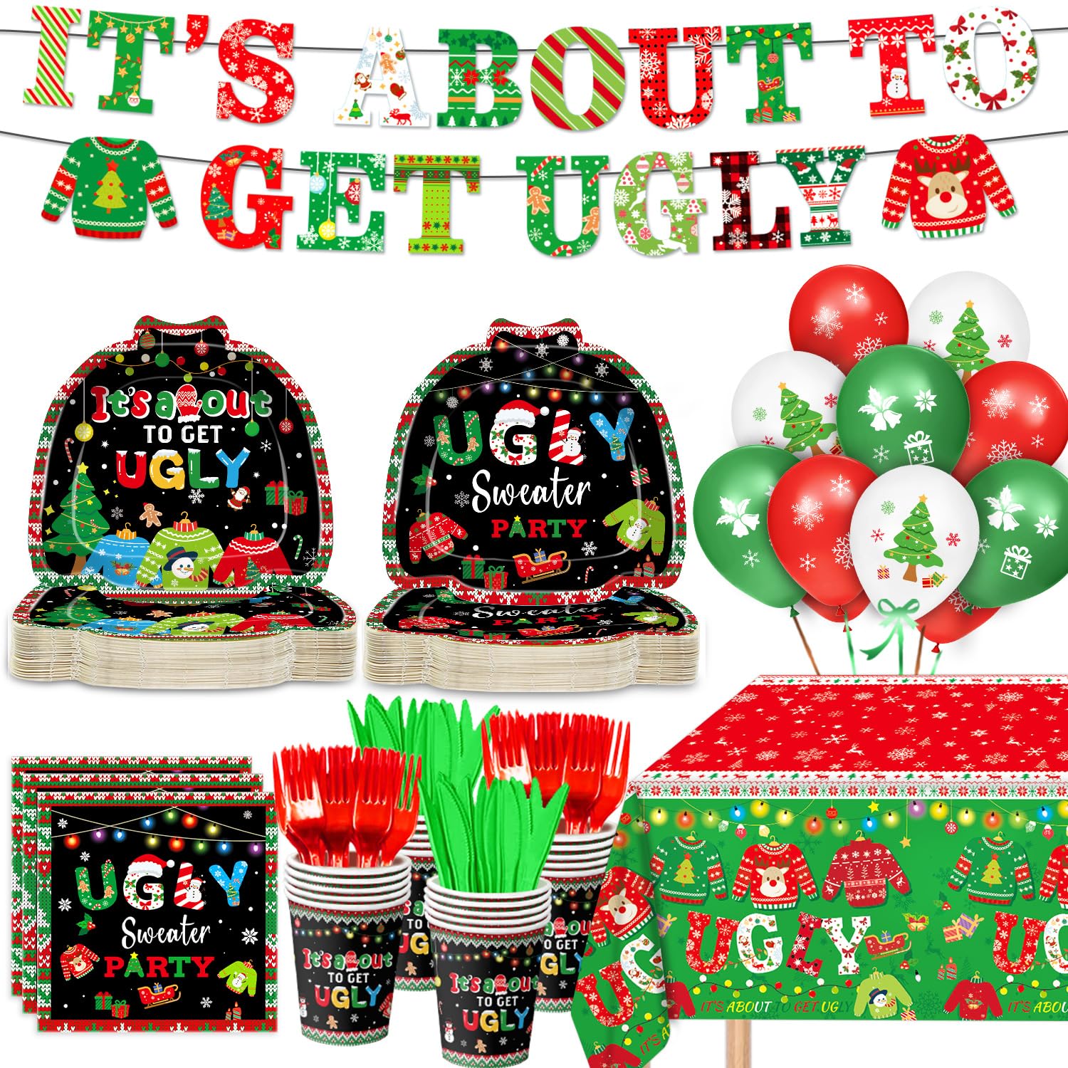 Photo 1 of 192 PCS Ugly Sweater Party Decorations - Ugly Sweater Decorations Set Includes Plates, Napkins, Cups, Forks, Knives, Banner, Tablecloth, and Balloon for Christmas Party Decorations, Serves 25