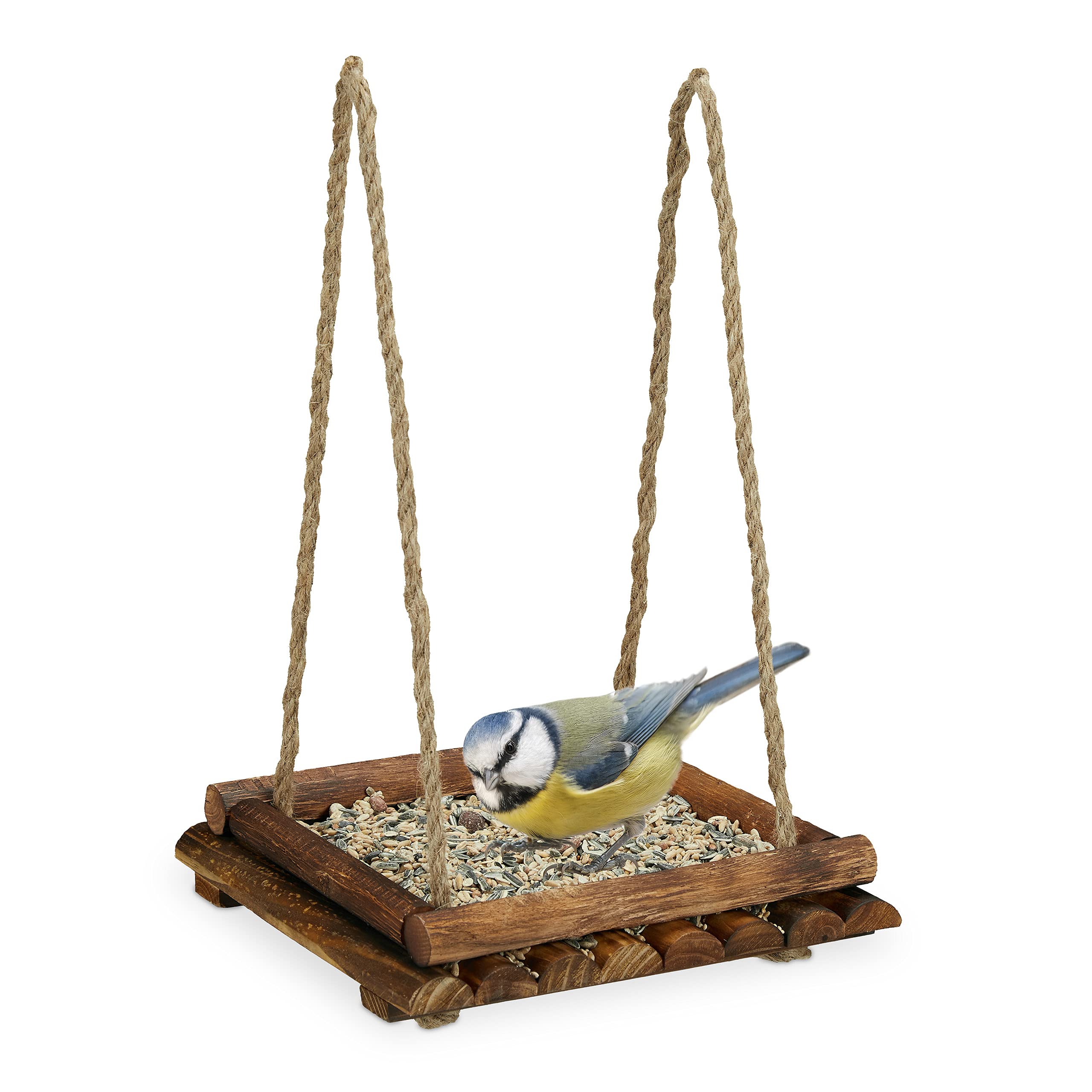Relaxdays bird feeding station, wood, bird feeder, for placing or hanging, 25x25x6.5cm, brown