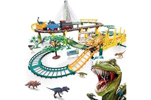 JONRRYIN Toy Train Track Playset, Tracks Car Set, Dinosaurs Toy, Electric Train and Race Car for Kids Toddlers 3 4 5 6 Year & Up