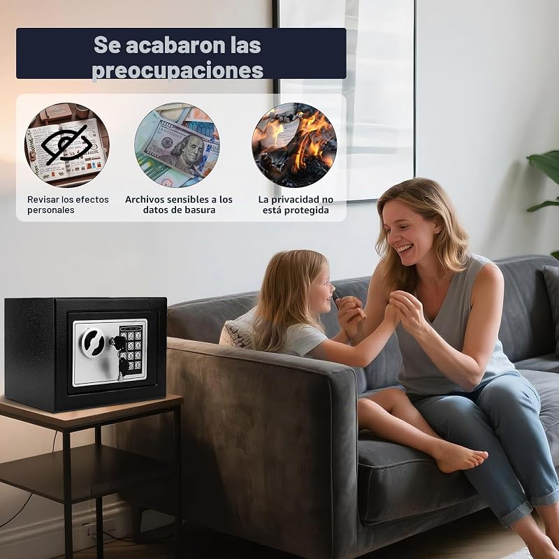 Caja fuerte 6.6L con código electrónico, alta seguridad, compacta, empotrable antirrobo, para hogar/oficina/hotel/coche. Protege joyas, efectivo, armas y otros bienes. Incluye llave.