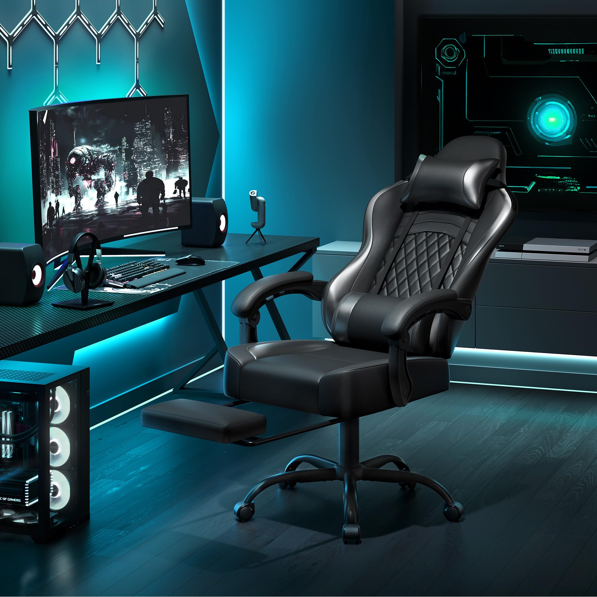 Yaheetech Gaming Stuhl, Ergonomischer Gaming-Stuhl mit Massagefunktion & Ausziehbarer Fußstütze, Verstellbare Rückenlehne, Höhenverstellbar, PC-Stuhl Computerstuhl Drehsessel (Schwarz) 9