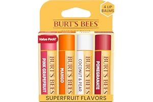 Burt's Bees Lip Balm - Pink Grapefruit, Mango, Coconut & Pear, and Pomegranate Pack, Lip Moisturizer With Beeswax, Tint-Free, Natural Origin Conditioning Treatment, 4 Tubes, 0.15 oz.