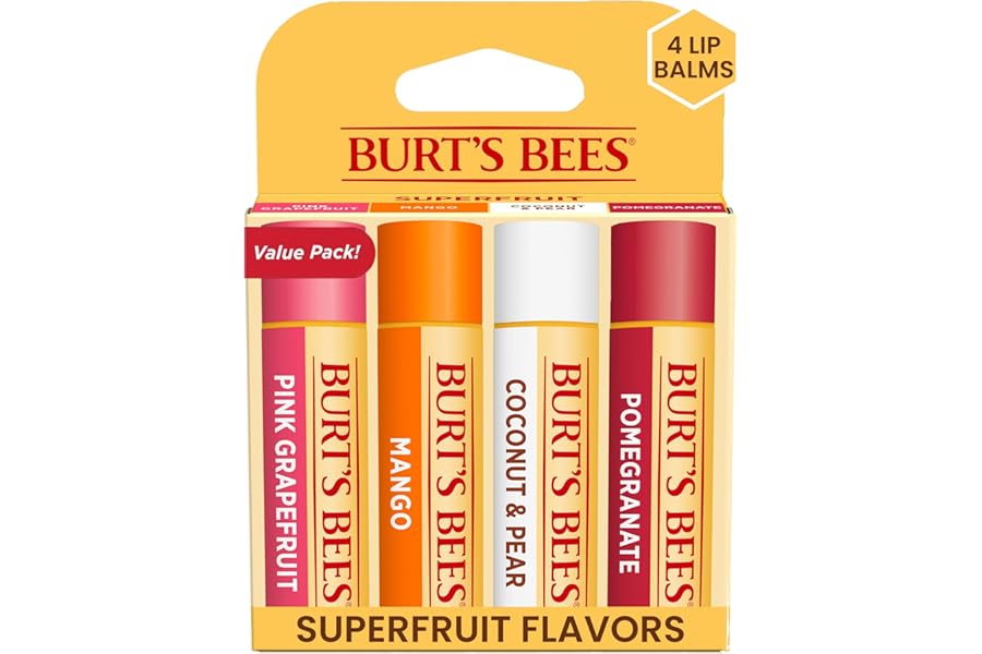 Burt’s Bees Lip Balm – Pink Grapefruit, Mango, Coconut & Pear, and Pomegranate Pack, Lip Moisturizer With Beeswax, Tint-Free, Natural Origin Conditioning Treatment, 4 Tubes, 0.15 oz.