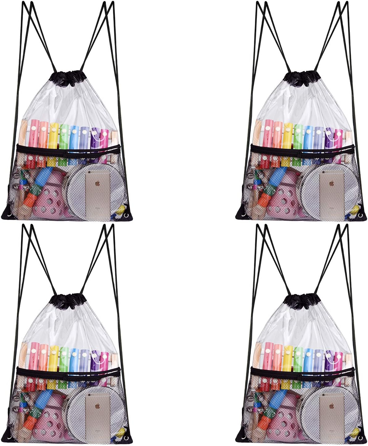 4 Pack Clear Drawstring Backpack Bags Waterproof PVC Clear Cinch Stadium Bags Bulk with Zipper Mesh Pocket for School,Sports, Travel