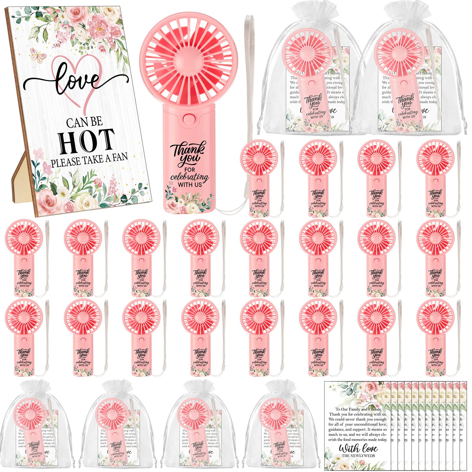 Photo 1 of Kittmip 24 Set Wedding Mini Fans for Guests Portable Handheld Fans Thank You Cards Organza Bags with 1 Pcs Love Is Hot Wooden Table Sign Bridal Shower Favors for Summer Wedding Outdoor(Pink Rose)