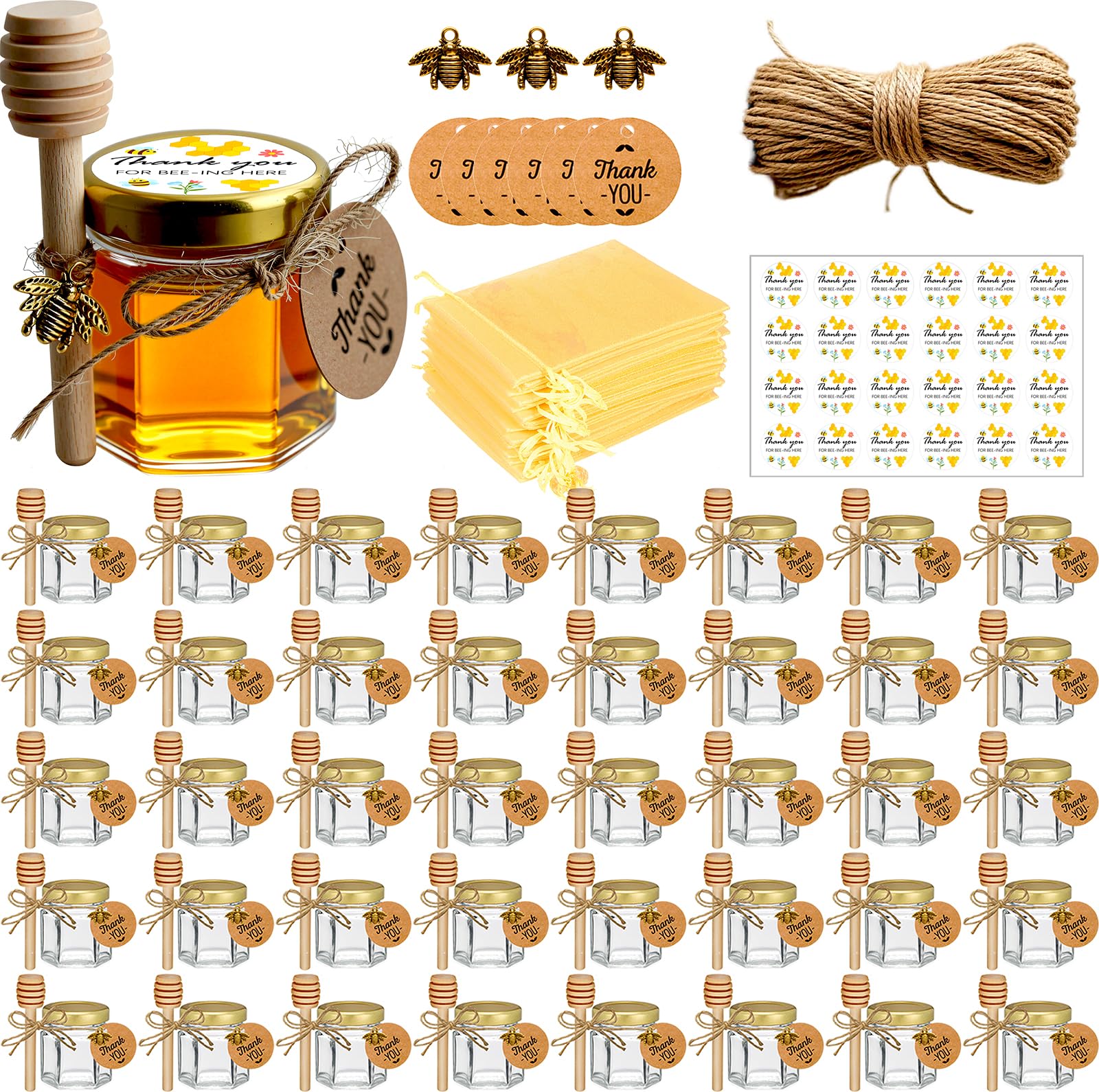 Photo 1 of Adabocute Mini Honey Jars - Honey Pot With Honey Dipper, Bee Pendants, Jutes, Tags and Gold Organza Bags - Perfect For Baby Shower Favors, Party Favors and Wedding Favors, 40 Pack 1.5oz