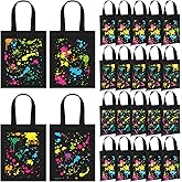 Hosuly 24 Pieces Neon Party Favor Bags Glow Gift Bags Glow in the Dark Candy Pouches Non Woven Graffiti Party Goodie Pouches with Handle for Boy Girl Neon Theme Birthday Supplies Decoration