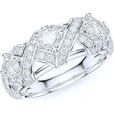 PRSTANI Sterling Silver Luxury Vintage Crisscross Crown 3-Stone Simulated Round Brilliant Cut Diamond or Genuine Moissanite Ring For Women Promise Ring Wedding Band