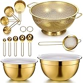LemonRoad Gold Kitchen Accessories Set Includes 4 Quart Stainless Steel Colander, 3 Qt 5 Qt Gold Mixing Bowls with Airtight Lids, 1 Set Stainless Steel Measuring Cups and Spoons and Fine Mesh Strainer
