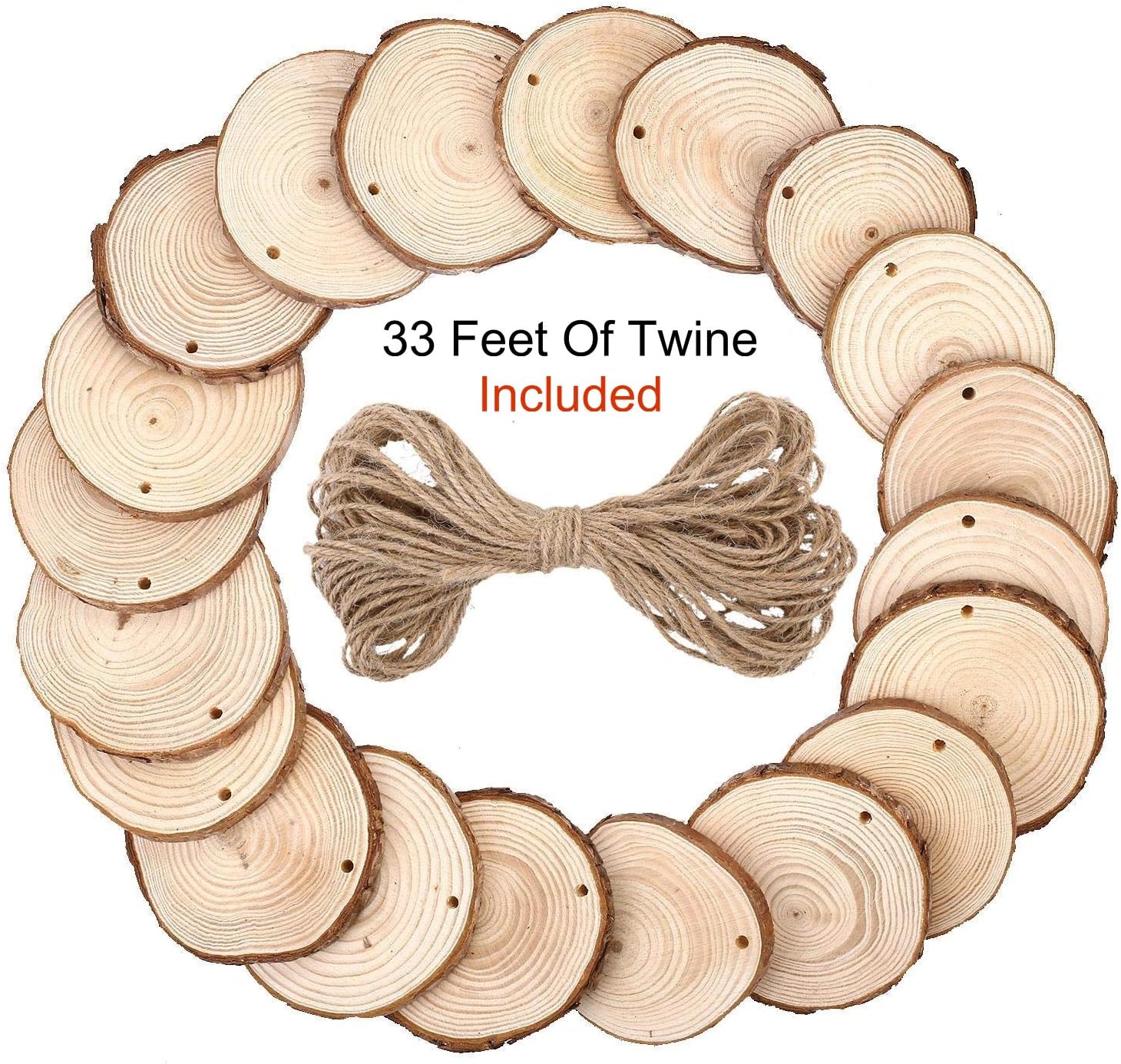 OchPro 50pc Wood Slices - Jute Twine Included - Make Amazing Ornaments, Wedding Crafts, or Photo Props. Surprise Family and Guests with the Stunning Hanging Wood Crafts