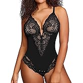 Popilush Shapewear Bodysuit for Women Lace Corset Tops for Large Bust Tummy Control Low Back V Neck Thong Bodysuits