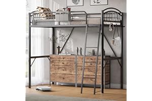 Decofy Metal Loft Bed Twin Size, Twin Loft Bed with Bedside Caddy, Convertible Ladder & Full-Length Guardrails, Space-Saving & Noise Free Design, No Box Spring Needed, Loftbed Frame for Teens Adults