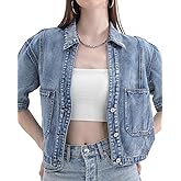 ZMTUO Short Sleeve Denim Jacket for Women, Blue Washed Jean Coat Tops with Classic Lapel & Chest Pocket