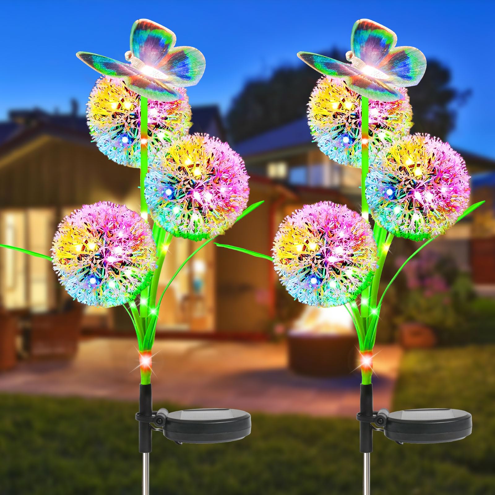 Solar Dandelion Garden Lights - 2 Pack, 2 Modes, Waterproof, Butterfly Garden Decoration for Patio, Yard, Pathway
