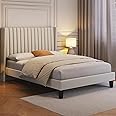 Yaheetech Full Bed Frame Upholstered Platform Bed with Fabric Headboard, Wing Edge Design/Non-Slip and Noise-Free/Wooden Slats Support/No Box Spring Needed/Easy Assembly, Beige Full Bed
