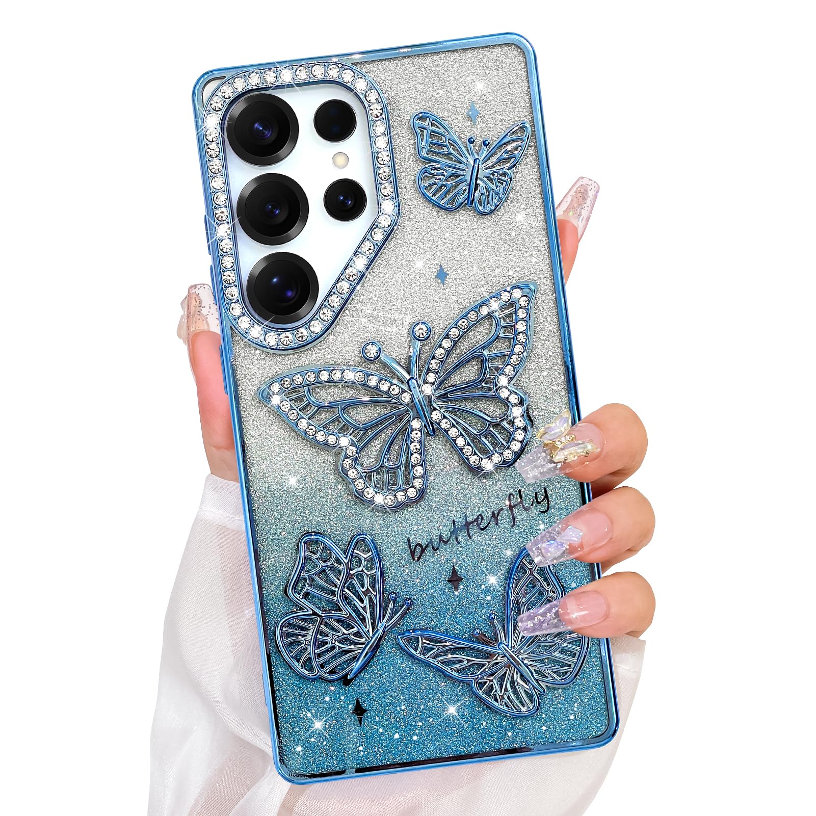 Bonoma Glitter Case for Samsung Galaxy S25 Ultra, Cute 3D Butterfly Pattern Plating Bling Case,Camera Protection Sparkly Slim Soft Back Cover for Women Girls,Blue