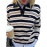 Floerns Women's Striped Rugby Shirts Knitted Half Button Preppy Clothes Fall Sweater