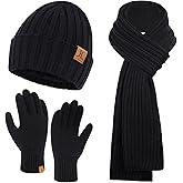 Mens Winter Beanie Hat Long Neck Scarf Touchscreen Gloves Set with Warm Fleece Lined Cap Gifts for Men Cold Weather