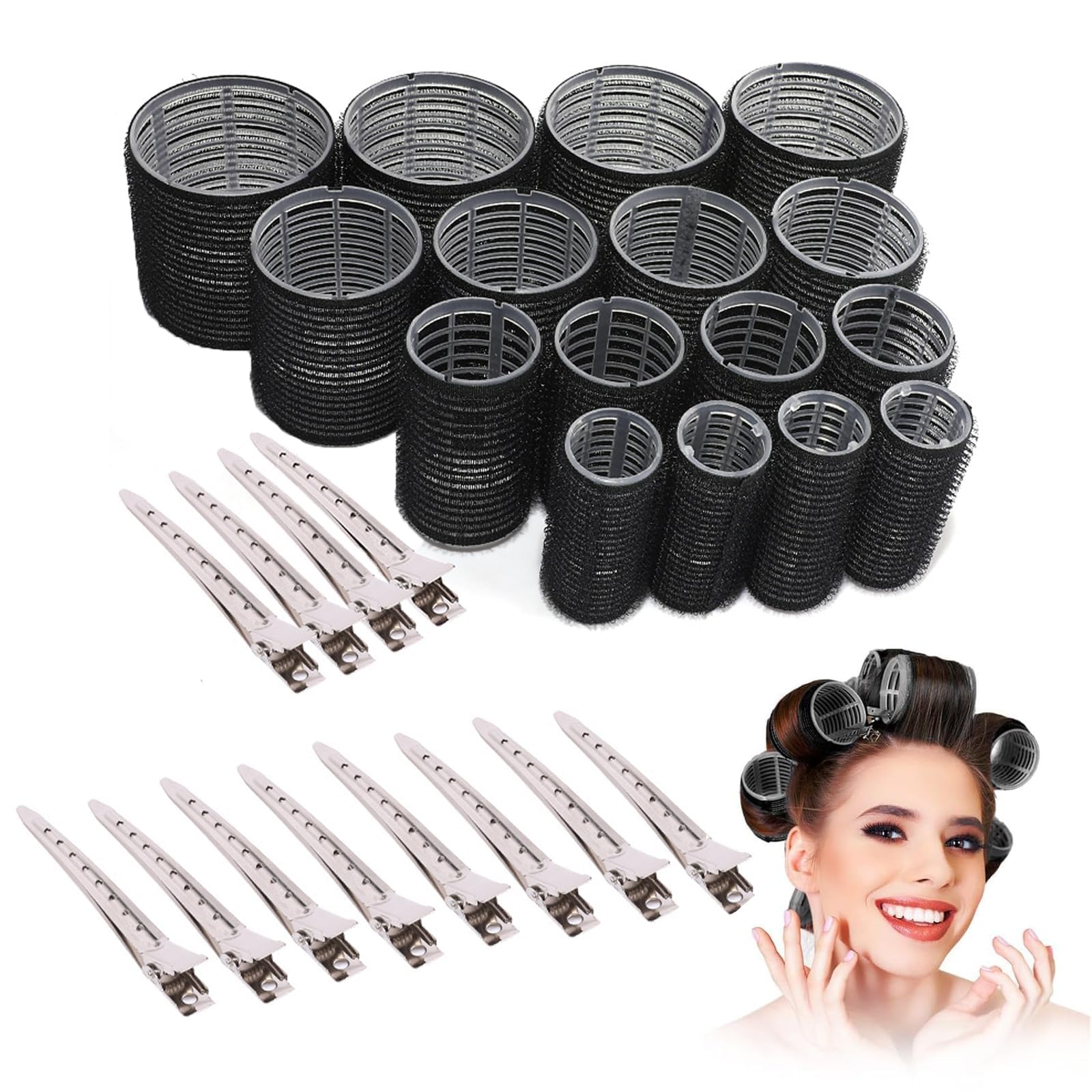 Black Hair Rollers - 28 Pcs Hair Rollers with Clips Velcro Rollers for Bangs, DIY Hairstyle Tools for Women, Salon Hairdressing Curler