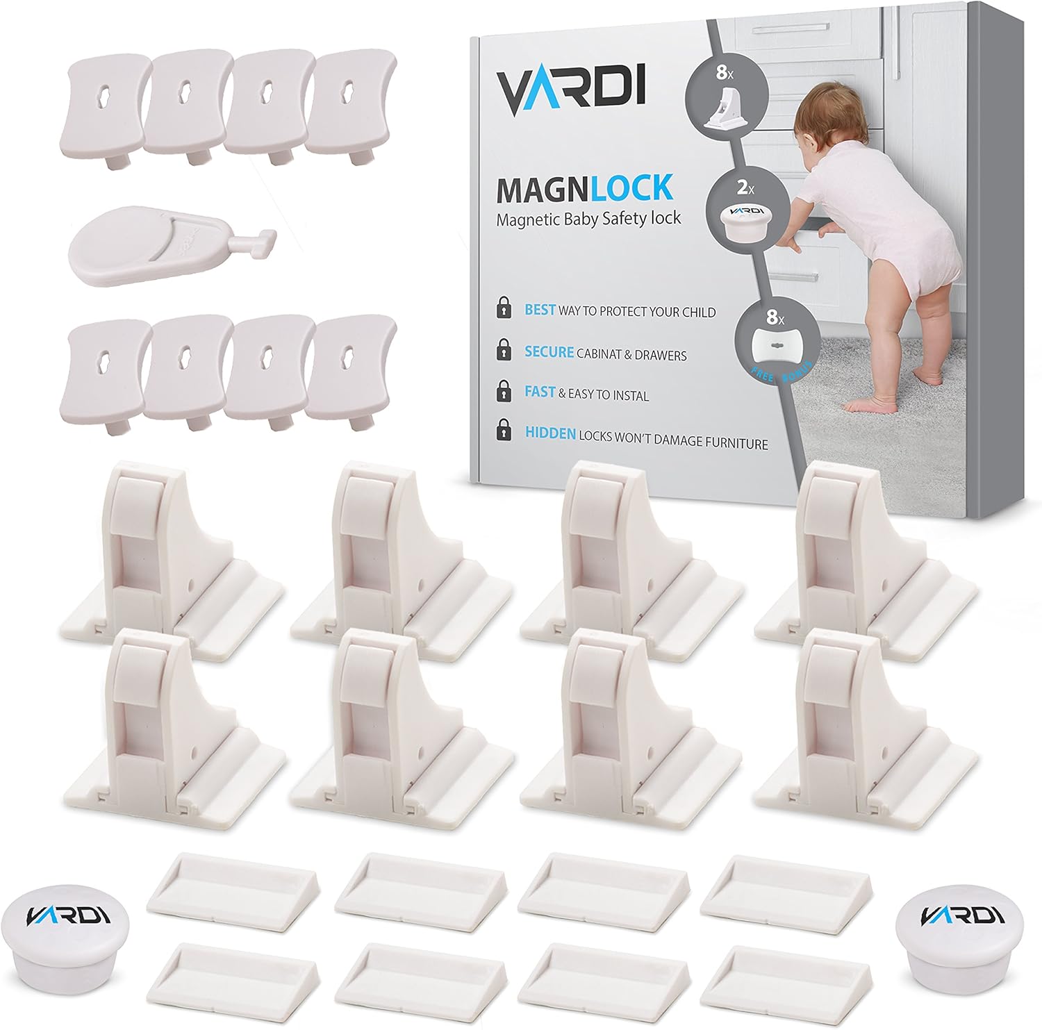 Vardi ママ安心 赤ちゃん安全 磁気 ロック 食器棚 引き出し キャビネット ストッパー 簡単取付 外から見えない ベビーガード ８xロック ２xキー ８xコンセントカバー ドアロック ストッパー ベビー マタニティ 通販 Amazon