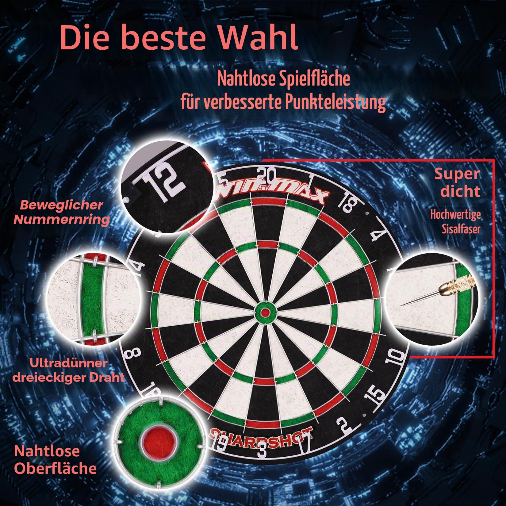 WIN.MAX Dartscheibe Kork Dartscheibe mit Pfeilen Offizielles Steeldartscheibe Steeldart Set 12 Dartpfeile Metallspitze,24 Flights 2