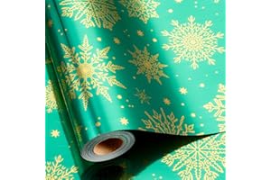 Burymento Christmas Wrapping Paper, Green Gold Foil Snowflake Design Gift Wrapping Paper Suitable for Christmas, Mini Roll (17 Inch X 32.8 Feet)